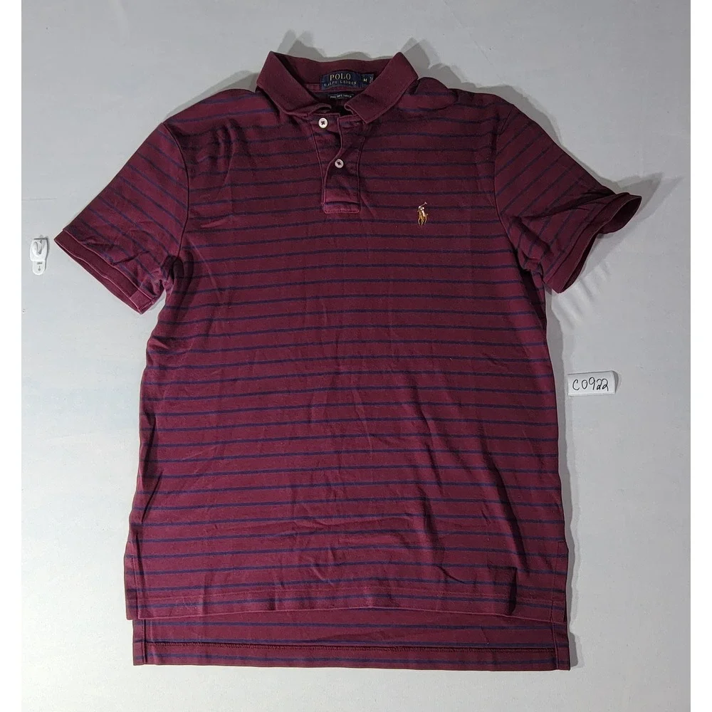 Polo Ralph Lauren Mens Medium Burgundy Navy Striped Pima Soft Touch Polo Shirt